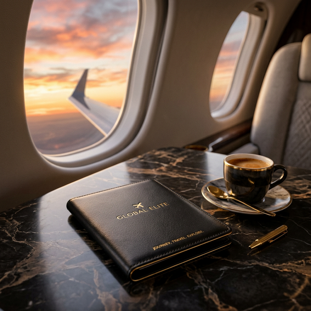 Premium black leather passport holder with gold text next to an espresso cup on a dark marble table