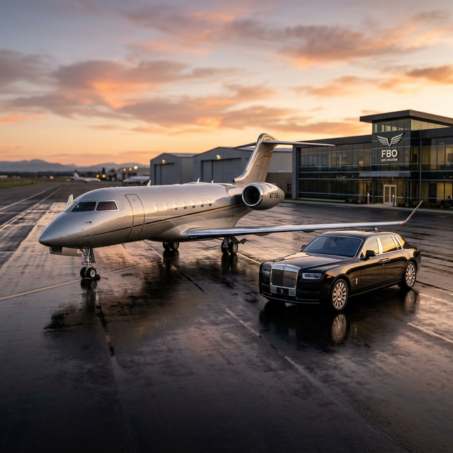 Luxury private jet and chauffeur car at sunset on tarmac