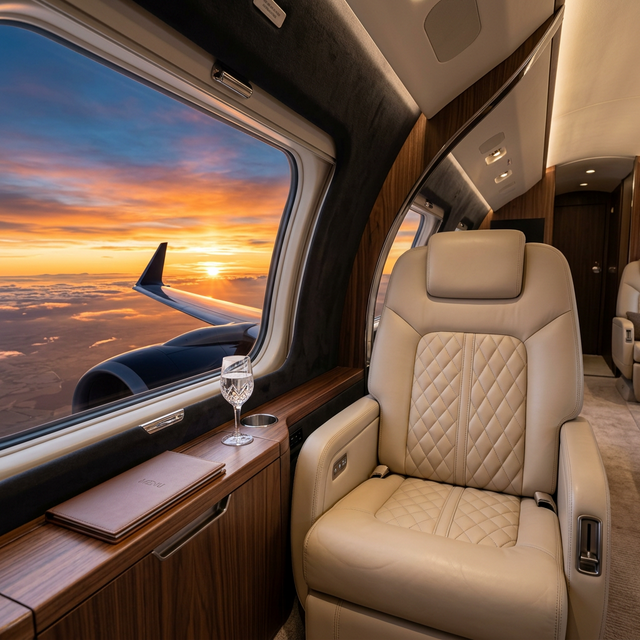Luxury private jet interior looking at sunset